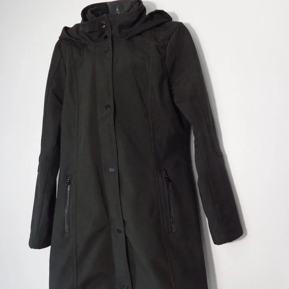 Liz Claiborne Women’s All Weather Coat Black Zip Snaps Hooded Mesh Lining Size M